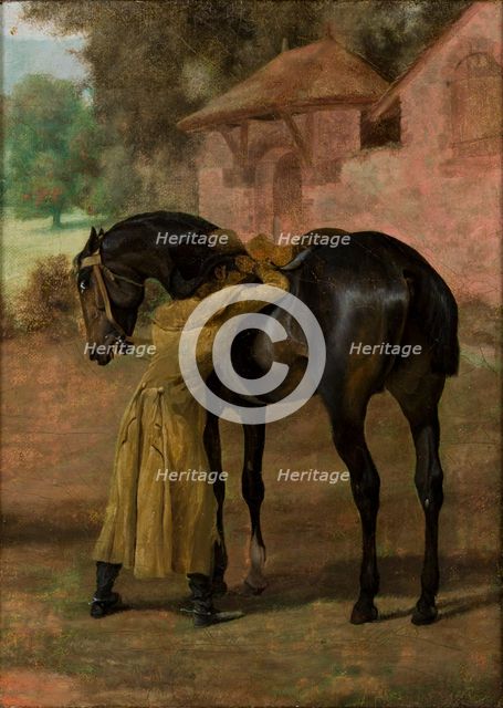 Stableman Saddling a Horse, 1826. Creator: Henryk Zabiello.
