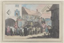 Stage Coach and Riders in the Yard of an Inn, Preparing to Depart, 1789-95., 1789-95. Creator: Thomas Rowlandson