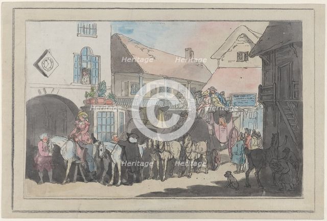 Stage Coach and Riders in the Yard of an Inn, Preparing to Depart, 1789-95., 1789-95. Creator: Thomas Rowlandson.