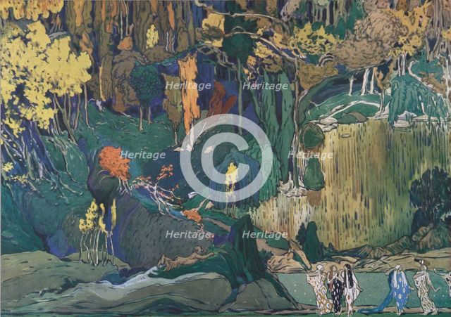 Stage design for the ballet The Afternoon of a Faun by C. Debussy, 1912. Artist: Bakst, Léon (1866-1924)