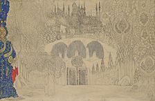 Stage design for the ballet The Firebird (L'oiseau de feu) by I. Stravinsky, 1909-1910. Creator: Bakst, Léon (1866-1924)