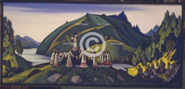 Stage design for the ballet The Rite of Spring (Le Sacre du Printemps) by I. Stravinsky, 1945. Artist: Roerich, Nicholas (1874-1947)