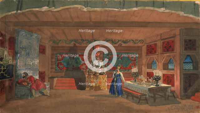 Stage design for the opera The Tsar's Bride by N. Rimsky-Korsakov, 1920. Artist: Kustodiev, Boris Michaylovich (1878-1927)