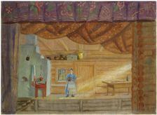 Stage design for the play Virineya by Lidia Seyfullina, 1925. Artist: Kustodiev, Boris Michaylovich (1878-1927)