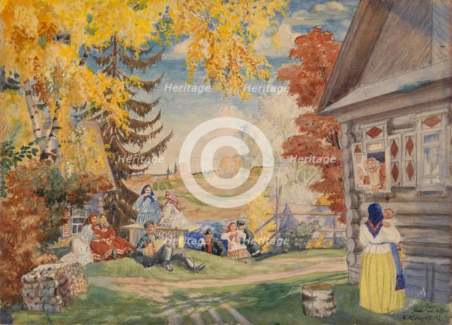 Stage design for the theatre play Peasant Women by Alexander Neverov, 1920. Artist: Kustodiev, Boris Michaylovich (1878-1927)