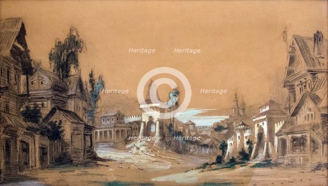 Stage design for the theatre play Posadnik by A. Tolstoy, 1878.