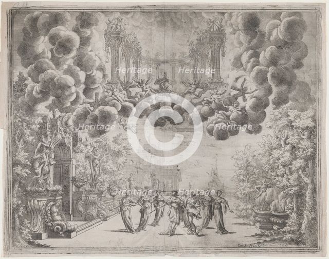 Stage design with allegorical figures; from 'L'Idea di tutti le perfezioni ... Piacenz..., ca. 1690. Creator: Carlo Antonio Forti.