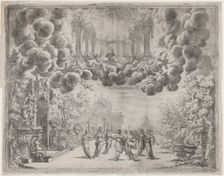 Stage design with allegorical figures; from L'Idea di tutti le perfezioni ... Piacenz..., ca. 1690. Creator: Carlo Antonio Forti