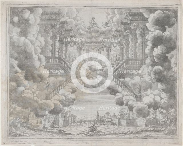 Stage design with allegorical figures on a staircase; from 'L'Eta Dell'Oro', ca. 1690. Creator: Carlo Antonio Forti.