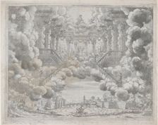 Stage design with allegorical figures on a staircase; from L'Eta Dell'Oro ca. 1690. Creator: Carlo Antonio Forti