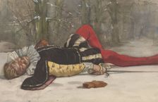 Stage scene with fallen duelist in a forest, 1870-1923. Creator: Willem Witsen