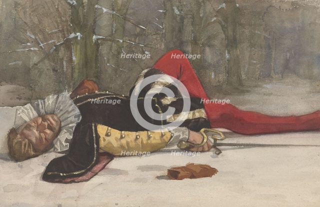 Stage scene with fallen duelist in a forest, 1870-1923. Creator: Willem Witsen.