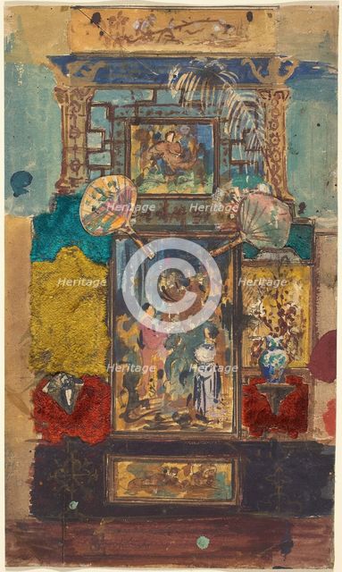 Stage Set Consisting Of Painted Panels, Fabrics, And Fans, 1870/1890. Creator: Robert Caney.