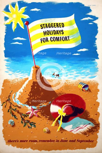 'Staggered holidays for comfort. There's more room...', WWII poster, between 1939 and 1946. Creators: Central Office of Information, Eileen Evans.