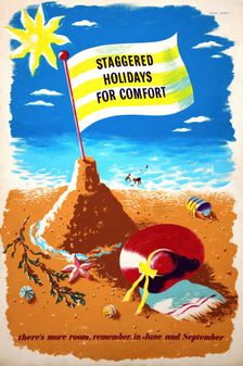 Staggered holidays for comfort. There's more room... WWII poster, between 1939 and 1946. Creators: Central Office of Information, Eileen Evans