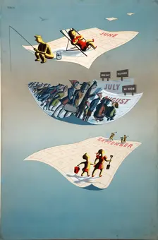 Staggered holidays World War II poster, c1945. Creators: Central Office of Information, Dorrit Dekk