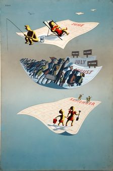 Staggered holidays World War II poster, c1945. Creators: Central Office of Information, Dorrit Dekk