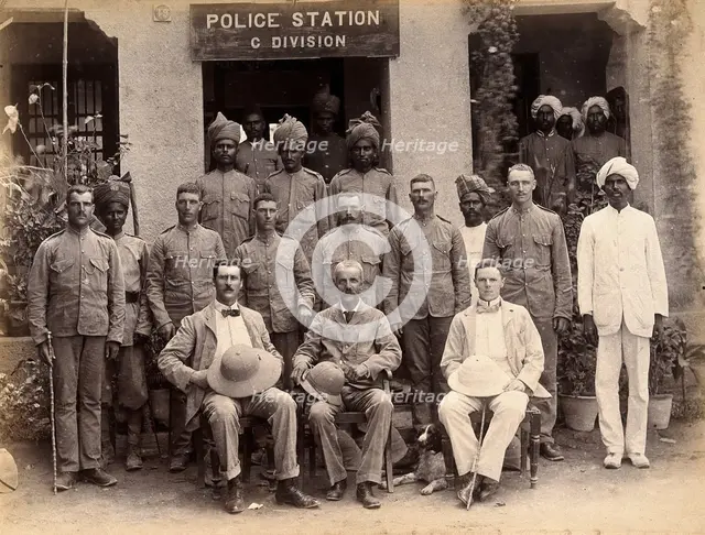 Staff from the Rambagh section of the Karachi Plague Committee, standing outside the police..., 1897 Creator: Unknown.