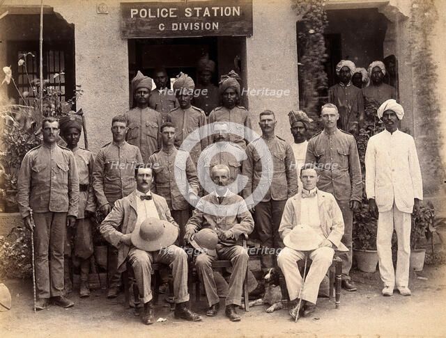 Staff from the Rambagh section of the Karachi Plague Committee, standing outside the police..., 1897 Creator: Unknown.