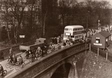 Staff leaving work at lunchtime, Rowntree factory, York, Yorkshire, 3 March 1938