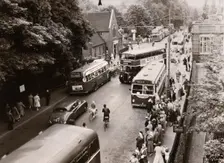 Staff leaving work, Rowntree factory, York, Yorkshire, 1961