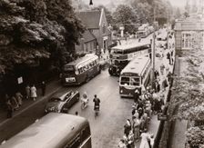 Staff leaving work, Rowntree factory, York, Yorkshire, 1961