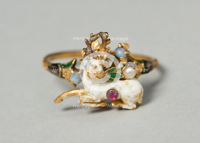 Stag with Herb Branch Mounted as a Ring, Germany, c. 1550-c. 1600 (stag), mounted on later ring. Creator: Unknown.