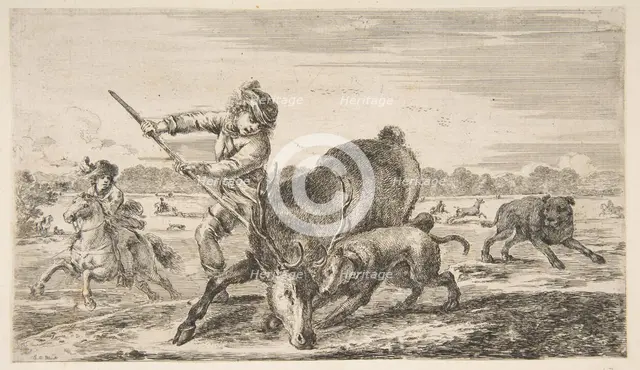 Stag at bay, from 'Animal hunts' (Chasses à différents animaux), ca. 1654. Creator: Stefano della Bella.