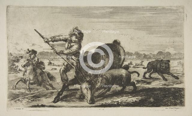 Stag at bay, from 'Animal hunts' (Chasses à différents animaux), ca. 1654. Creator: Stefano della Bella.