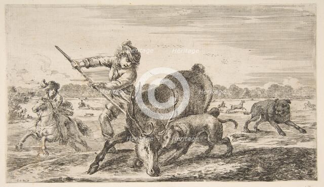 Stag at bay, from 'Animal hunts' (Chasses à différents animaux), ca. 1654. Creator: Stefano della Bella.