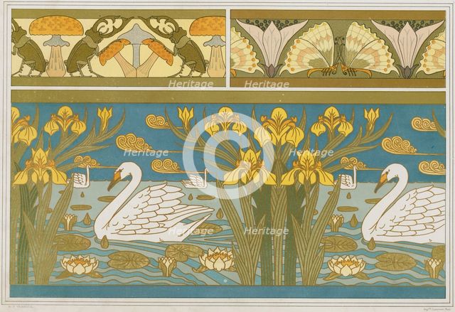Stag beetles and mushrooms, sorrel and butterflies. Swans, irises and water lilies, 1897. Creator: Verneuil, Maurice Pillard (1869-1942).
