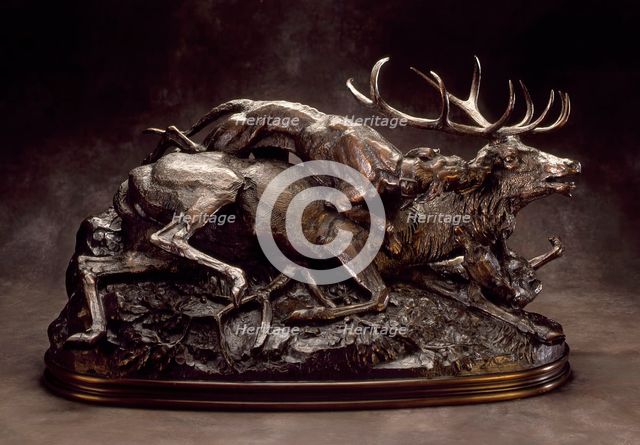 Stag Brought Down by Scottish Hounds, c.1833. Creator: Antoine-Louis Barye.