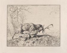Stag Fighting a Wolf, after Antoine Louis Barye, 1846. Creator: Charles Emile Jacque