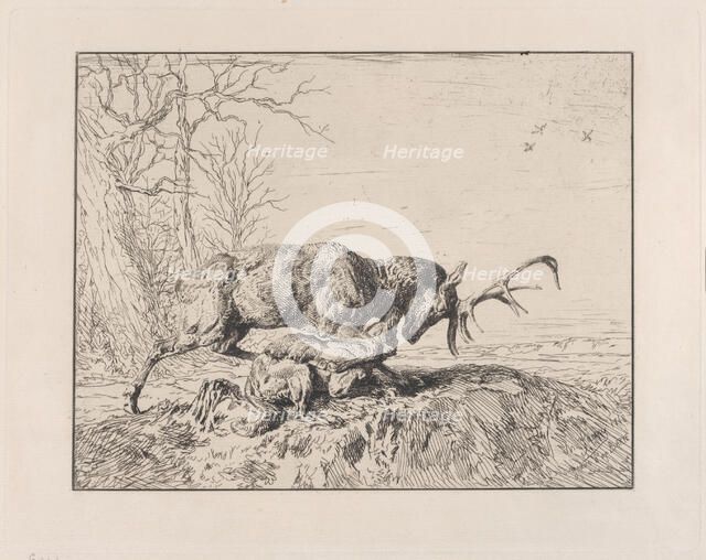 Stag Fighting a Wolf, after Antoine Louis Barye, 1846. Creator: Charles Emile Jacque.