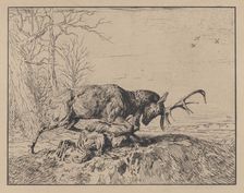 Stag Fighting a Wolf, after Antoine Louis Barye, 1846. Creator: Charles Emile Jacque
