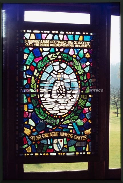 Stained glass window commemorating Lawrence Edward Grace Oates in The Oates Memorial Mus..., 1973.  Creator: Dorothy Chapman.