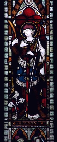 Stained glass window of St Alban in Hereford Cathedral, 3rd century