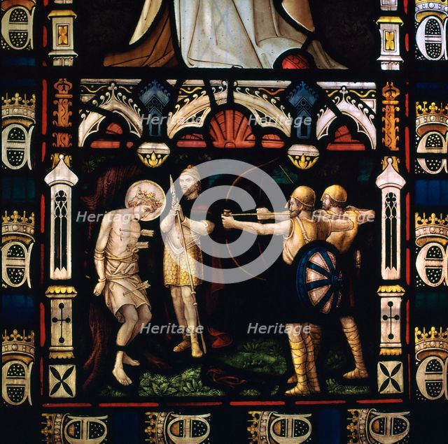 Stained glass window of St Edmund being martyred by Danes, 9th century. Artist: Unknown