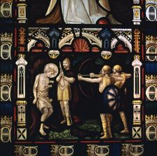 Stained glass window of St Edmund being martyred by Danes, 9th century