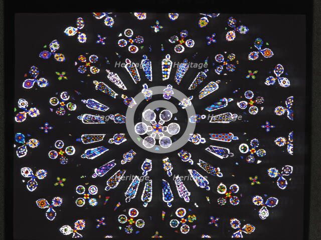 Stained glass window with the rose window of the Monastery of San Cugat del Valles.