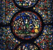 Stained glass depiction of Christ's entry to Jerusalem, 12th century