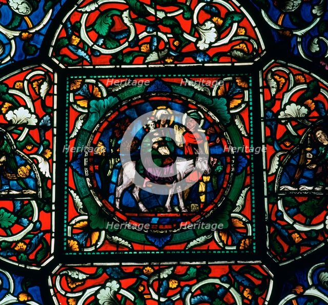 Stained glass depiction of the holy family fleeing to Egypt, 12th century. Artist: Unknown