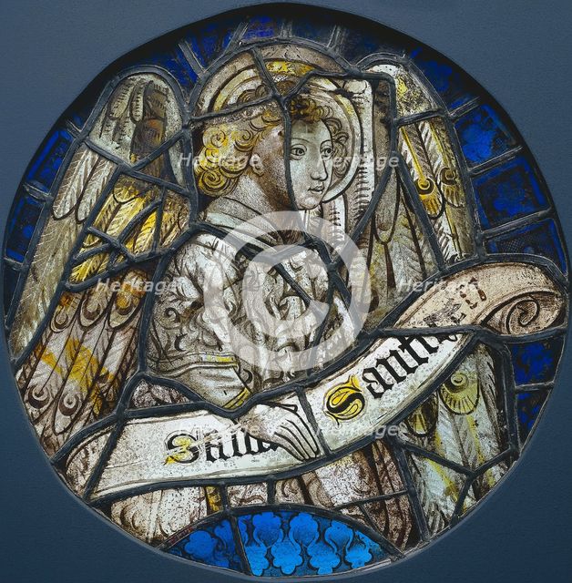 Stained Glass Roundel with an Angel Holding a Scroll, c. 1425-1450. Creator: Unknown.