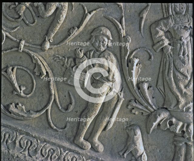 Stairway of the Senior Schools of the University of Salamanca. Detail of the relief of a musician…