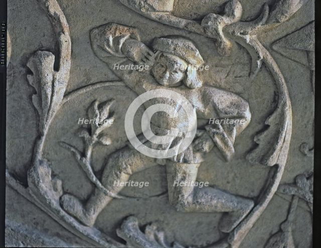 Stairway of the Senior Schools of the University of Salamanca. Detail of the relief of a dancer f…