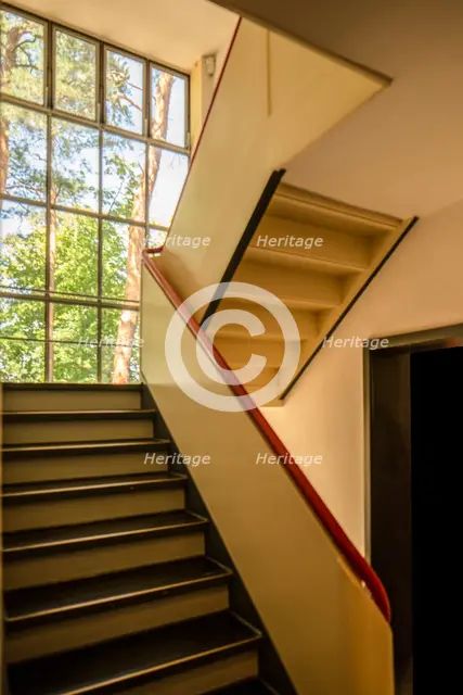 Staircase, Masters' House. Restored paintwork, Bauhaus building, Dessau, Germany, 2018.  Artist: Alan John Ainsworth.