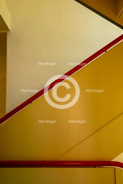 Staircase, Masters' House. Restored paintwork. The Bauhaus building, Dessau, Germany, 2018.  Artist: Alan John Ainsworth.