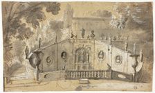 Staircase and Fountain (recto); Seated Male Nude in Profile to Left, Looking Upward (verso), n.d. Creator: Unknown