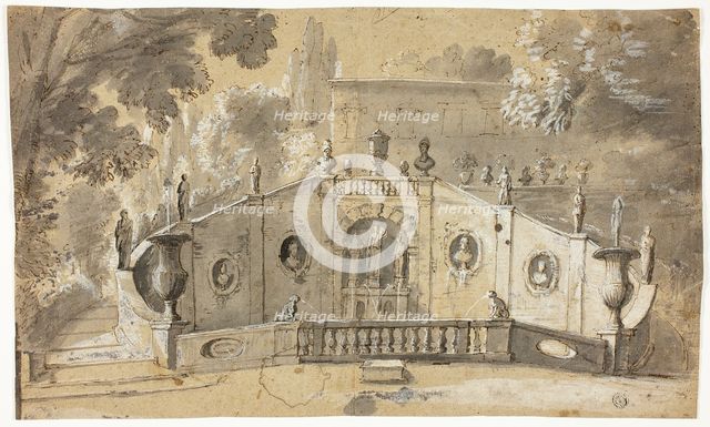 Staircase and Fountain (recto); Seated Male Nude in Profile to Left, Looking Upward (verso), n.d. Creator: Unknown.
