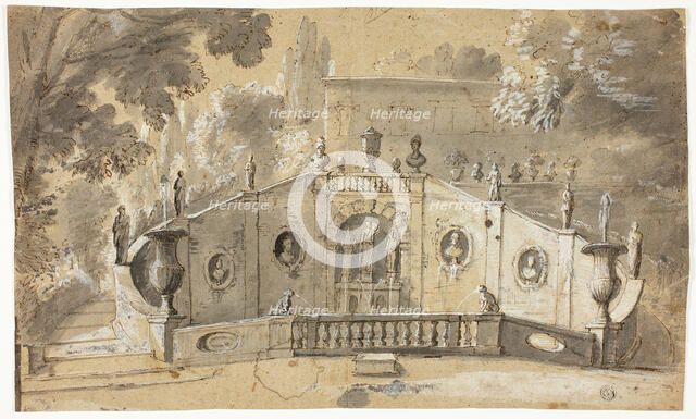 Staircase and Fountain (recto); Seated Male Nude in Profile to Left, Looking Upward (verso), n.d. Creator: Unknown.